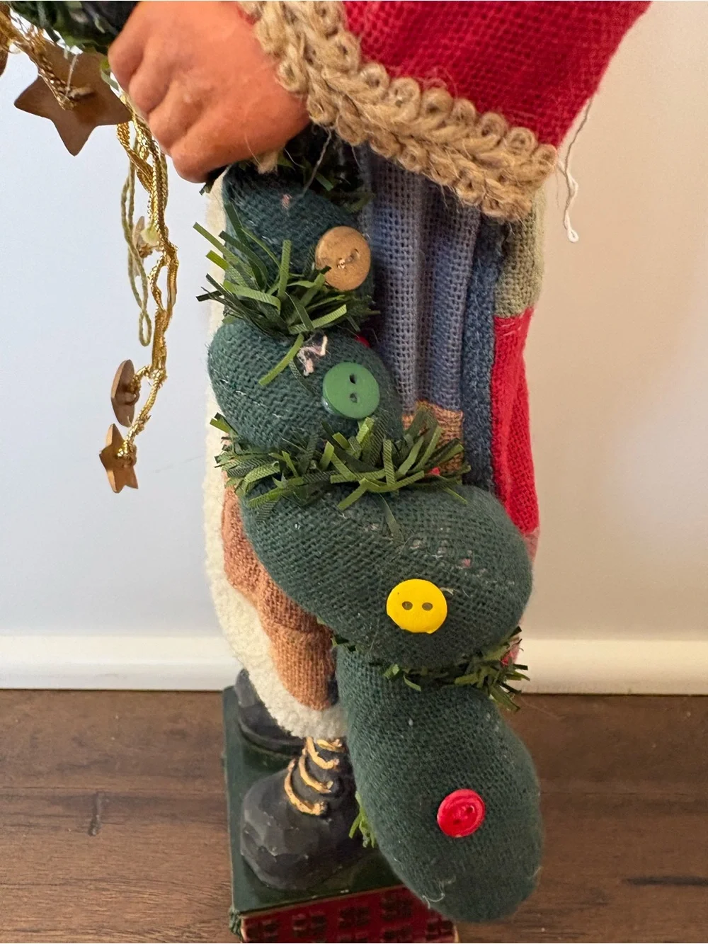 Vintage Folk Art Santa Claus Figurine Rustic Fabric Layered Beard Patchwork Coat